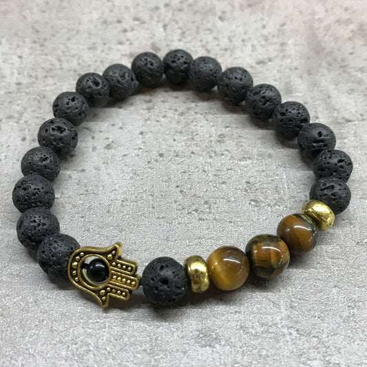 Belső Erő: Hamsa & Tigrisszem Lávaköves Karkötő